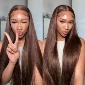 4x4 Lace Straight Human Hair Wig, Brown, Density (Option: 16inch)