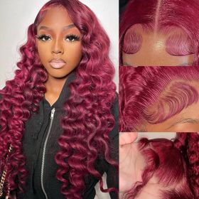 13x4 Lace Front Loose Wave Human Hair Wig Burgundy Red Density (Option: 20inch)